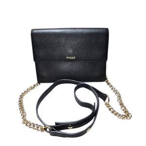 Pinko Alicante Pattina Italian Leather Crossbody Bag Black with Gold Accents